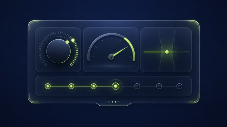 Sleek software UI control deck representing a Model Portfolio Service infrastructure — abstract risk dial, rebalance threshold, cost gauge and governance evidence trail on a dark navy background