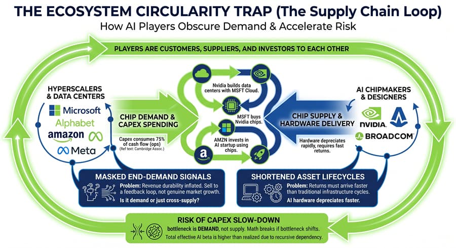 Diagram showing the AI ecosystem circularity trap, where mega-cap technology companies are simultaneously each other's customers, suppliers, and investors, creating a self-reinforcing feedback loop that masks true end-demand.