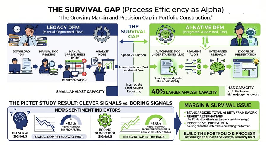 Chart illustrating the survival gap between AI-native investment firms using process efficiency to accurately price total AI beta exposure, and legacy DFM firms running concentrated thematic positions with outdated analytical toolkits.
