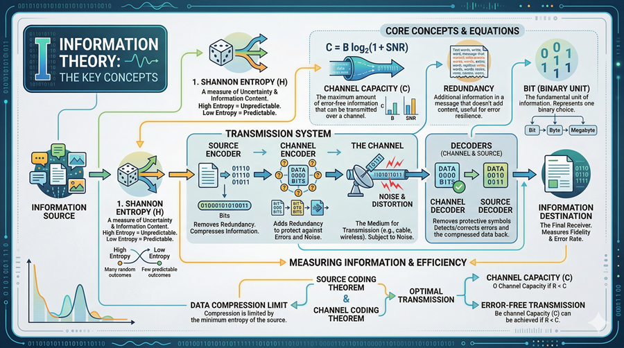 Information theory infographic showing entropy, channel capacity and mutual information — visual guide to measuring and transmitting information